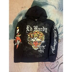 Ed Hardy MEN'S HOODIE SWEATER BLACK/TIGER PRINT  Size L NEW AUTHENTIC